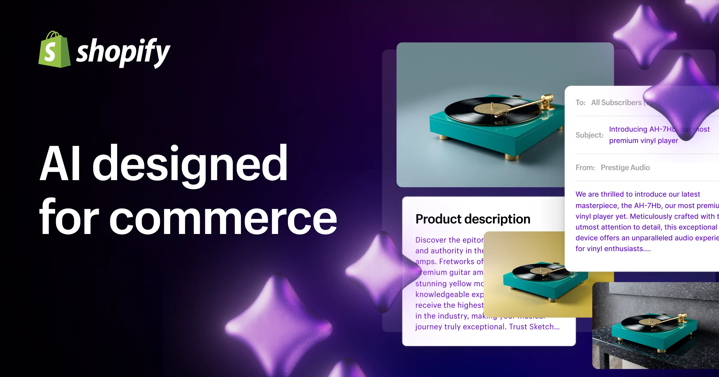 Shopify ad with the text 'AI designed for commerce' and images of a teal vinyl record player alongside product description and email marketing previews.