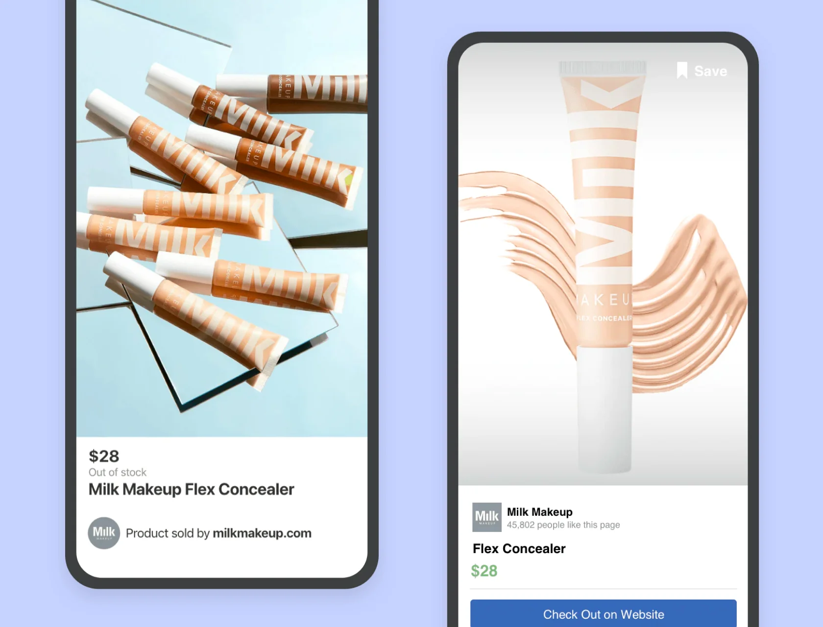 Smartphone screens showing Milk Makeup Flex Concealer product listings with price, availability, and branding.