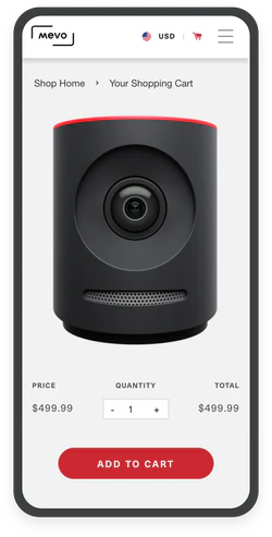 Mobile shopping cart page showing a black cylindrical security camera priced at $499.99 with quantity selection and an Add to Cart button.