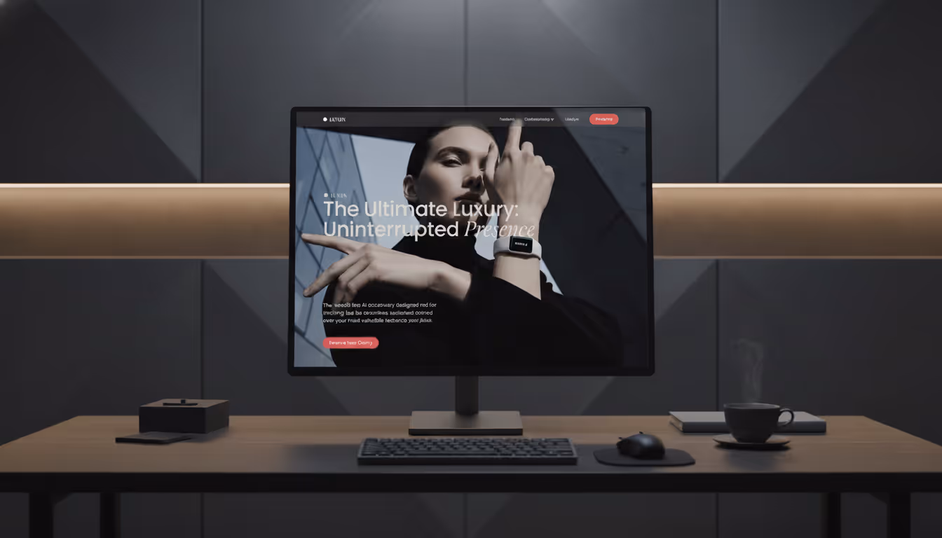 Modern workspace with a monitor displaying a luxury smartwatch ad, keyboard, mouse, steaming cup, and a notebook on a wooden desk.