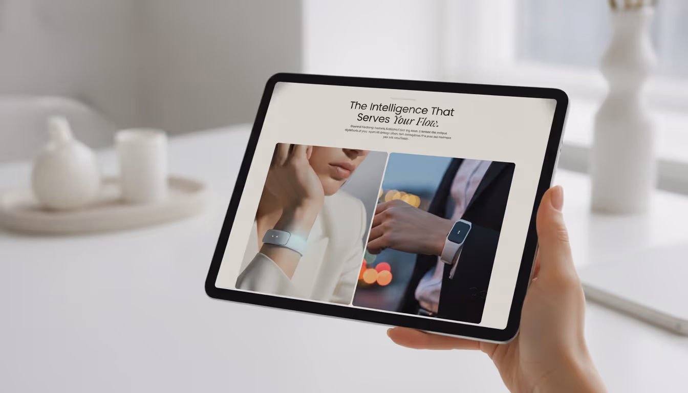 Person holding a tablet displaying a webpage titled 'The Intelligence That Serves Your Flow' featuring images of smartwatches worn by a man and a woman.