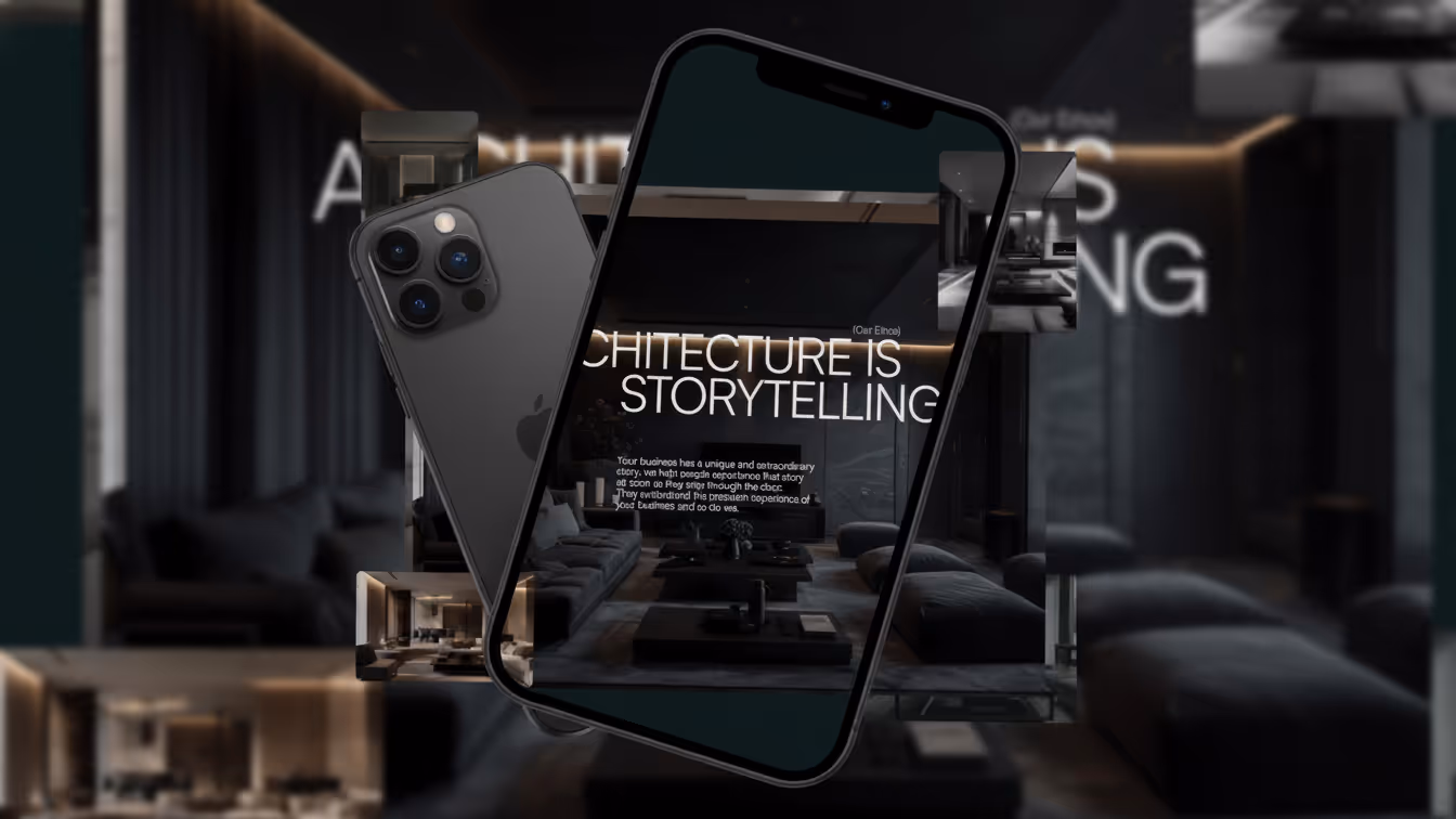 Black smartphones displaying a modern living room with the text 'Architecture is Storytelling' overlaid.