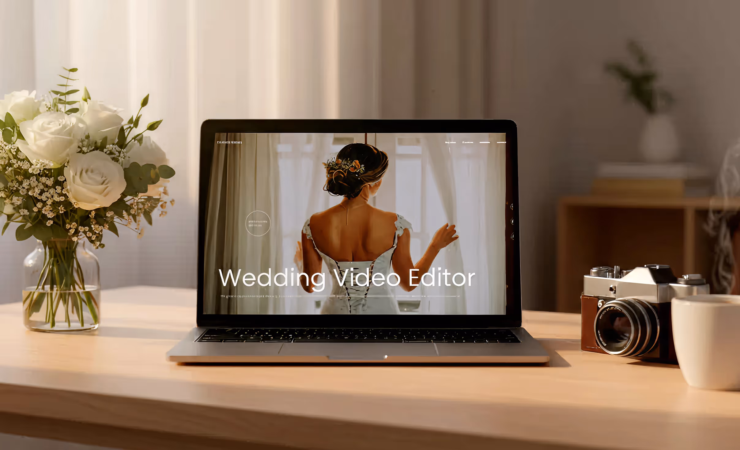 Laptop on wooden desk displaying a wedding video editor screen with a bride in a white dress seen from behind.