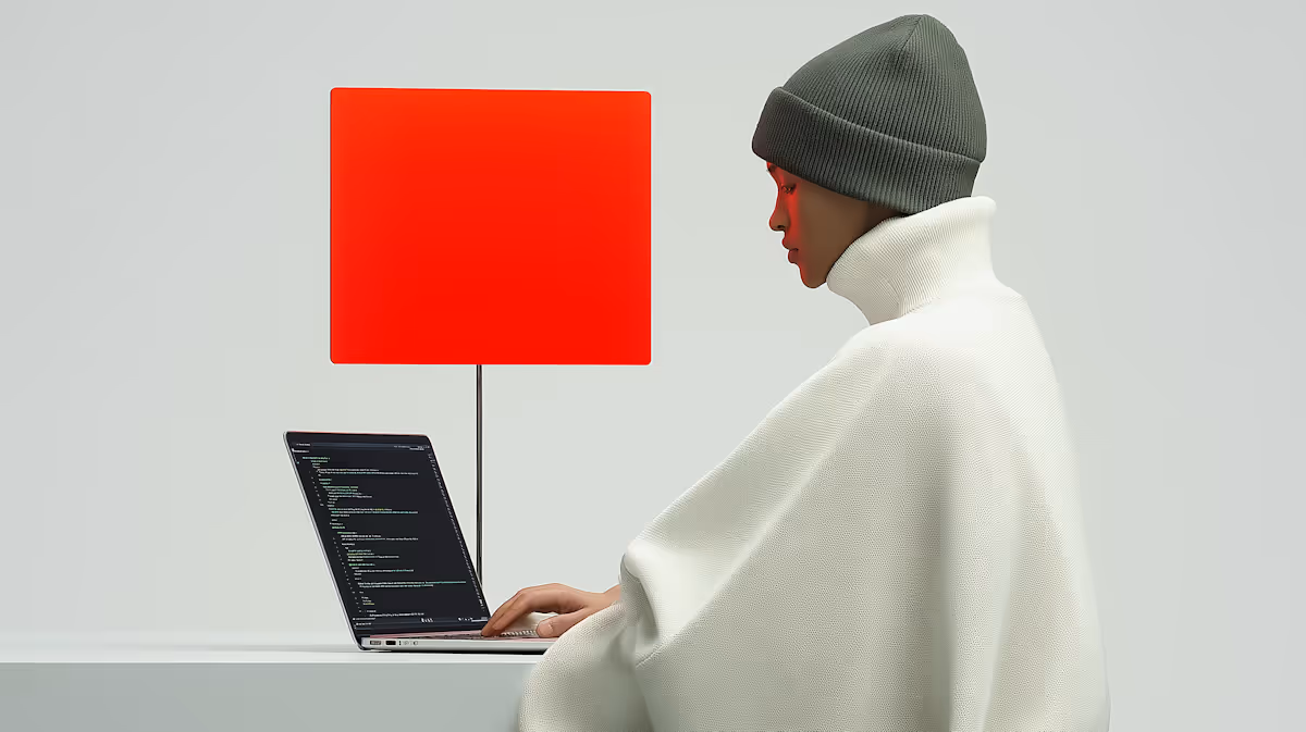Person wearing a green beanie and white turtleneck sweater working on a laptop with code visible on screen beside a modern red square lamp.