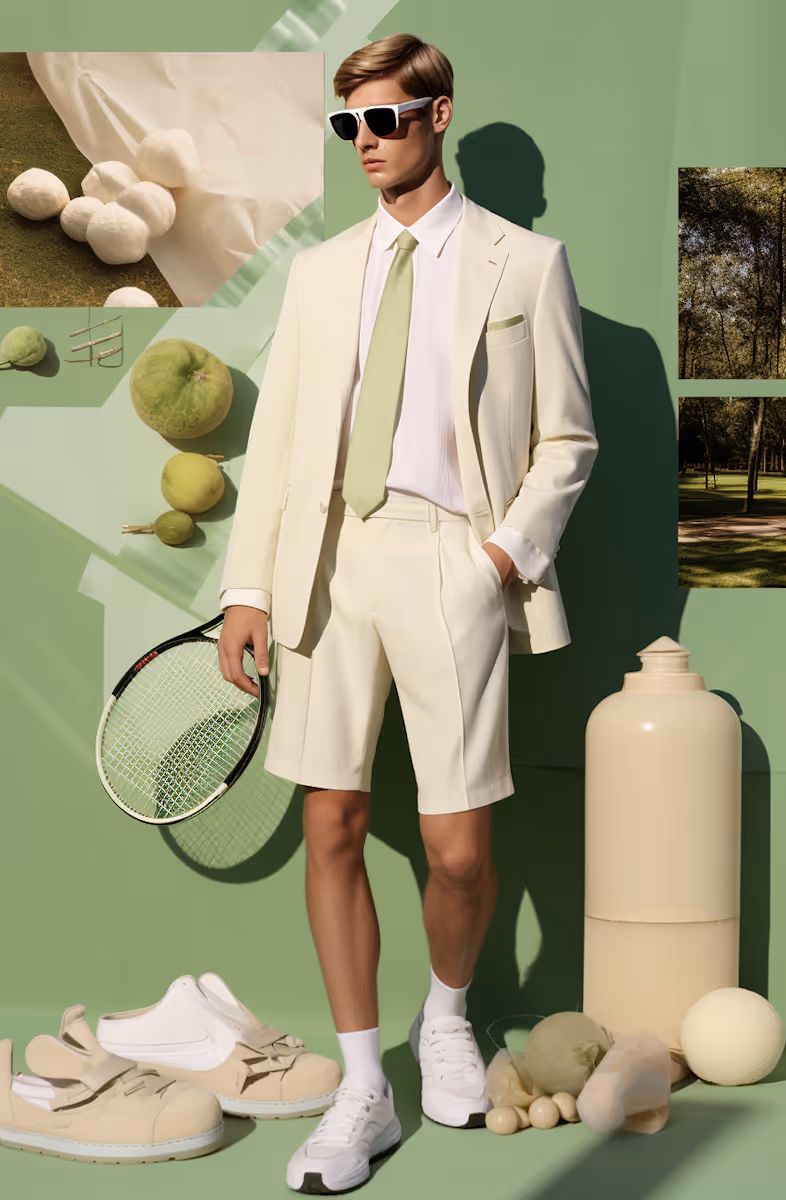 Man in cream blazer and shorts with light green tie and white sneakers holding a tennis racket against a green background with scattered sports and nature items.