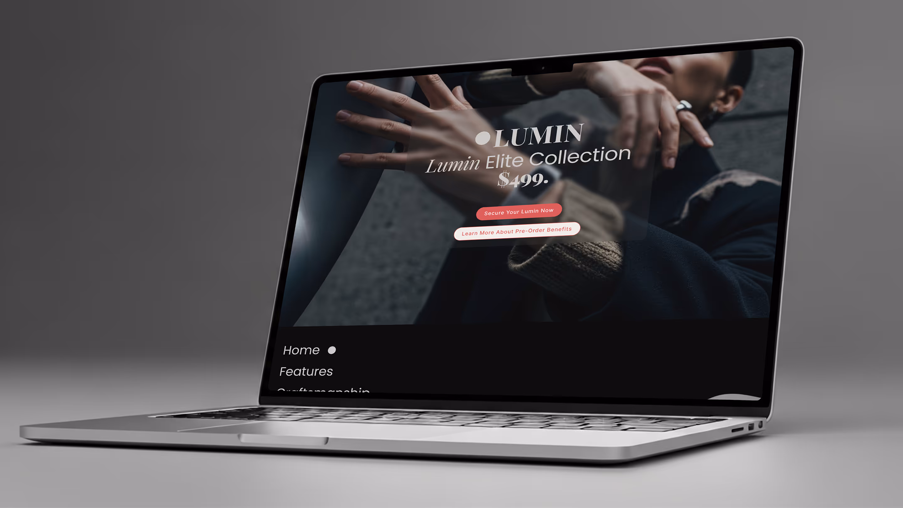 Laptop displaying a website promoting the Lumin Elite Collection priced at $499 with calls to action to secure purchase and learn about pre-order benefits.