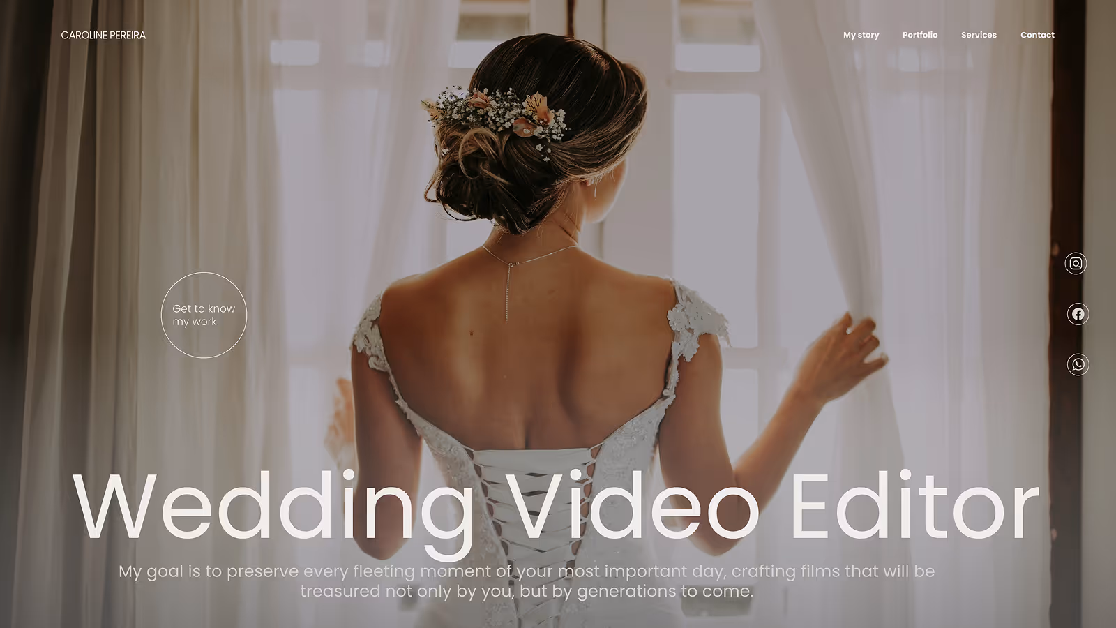 Bride in a white wedding dress with floral hair accessory opening sheer curtains to bright window light.