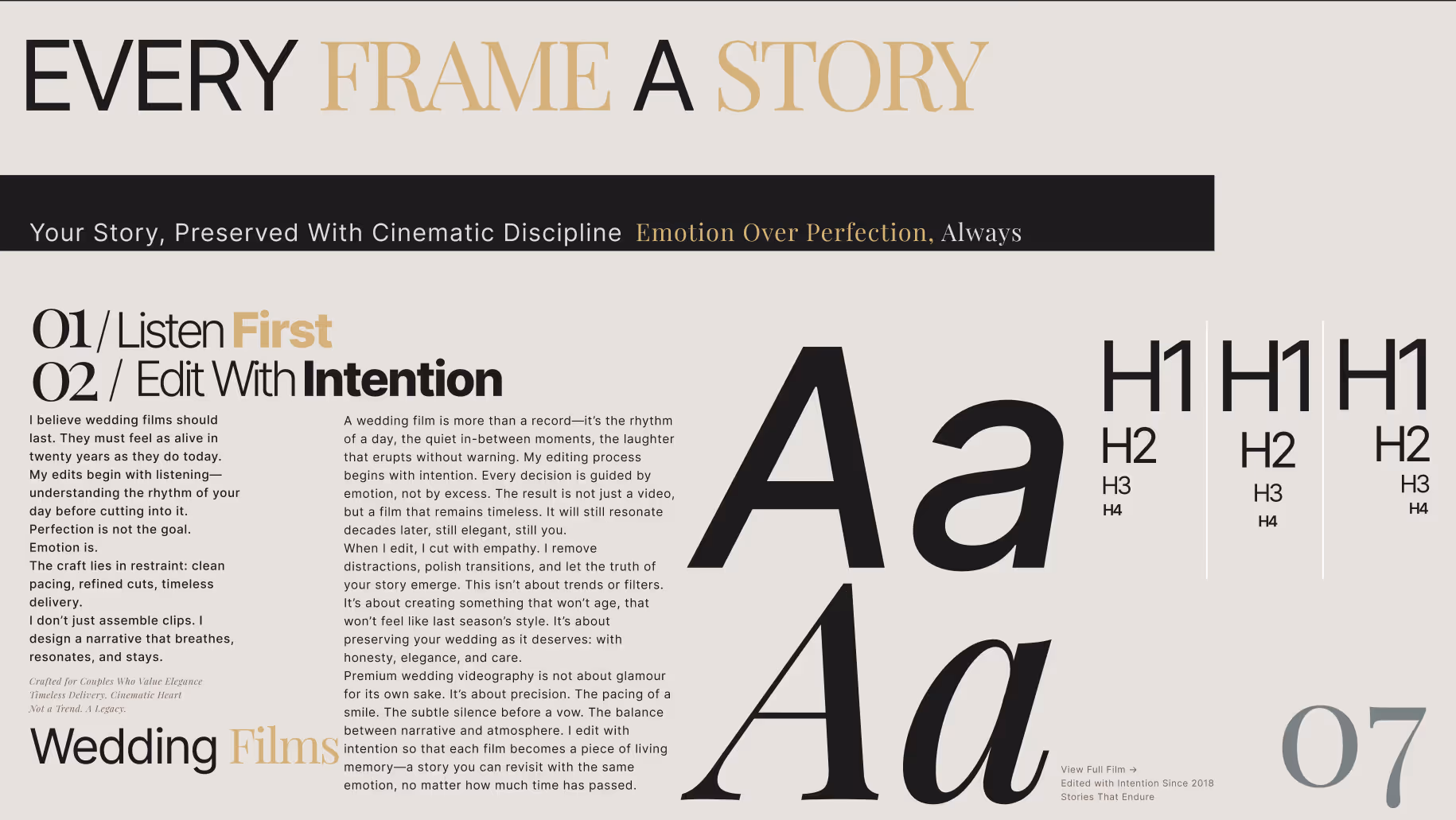 Text design layout highlighting wedding film editing philosophy with phrases 'EVERY FRAME A STORY' and key points about listening first and editing with intention, accompanied by various font examples.
