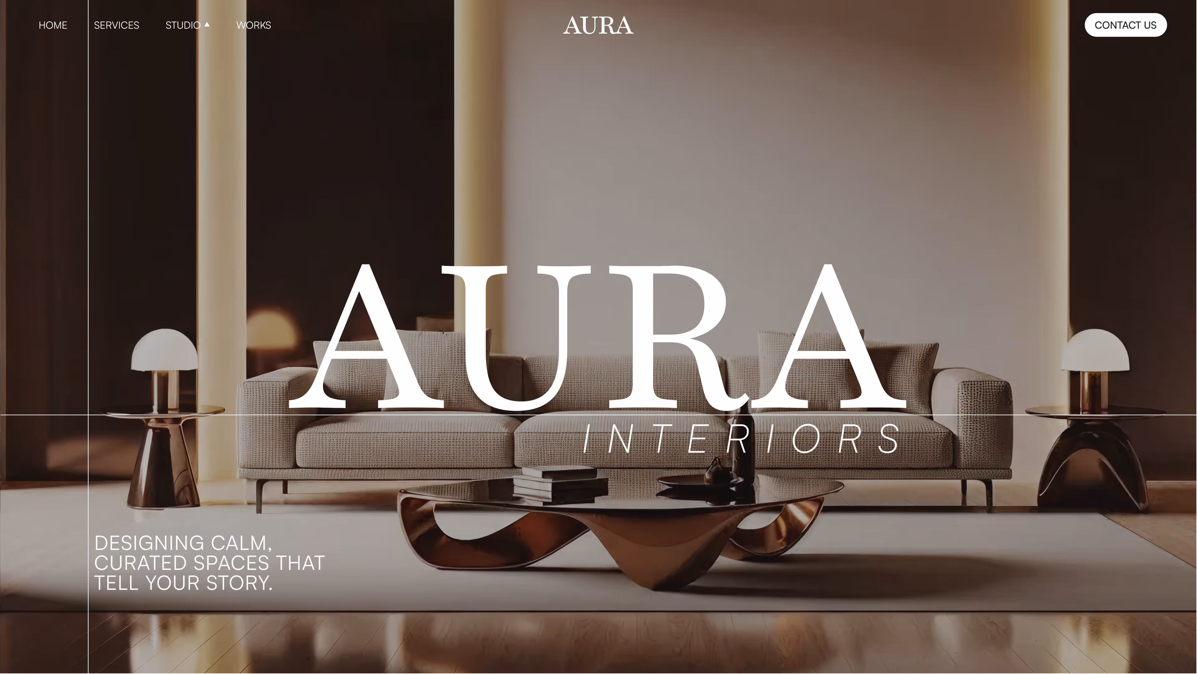 Modern living room with beige sofa, sculptural coffee table, two side tables with dome lamps, and soft ambient lighting.