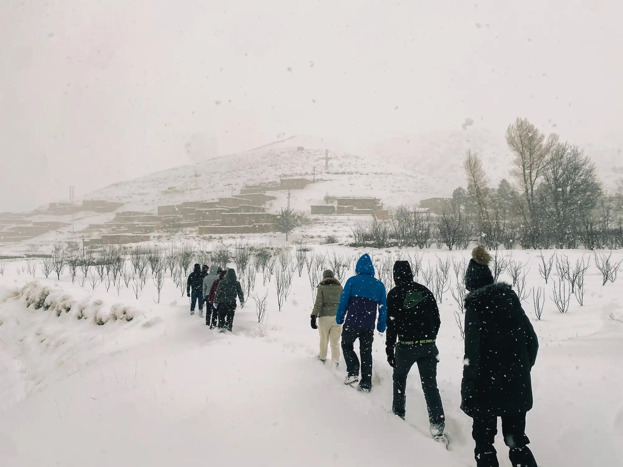 Randonneurs marchant dans un paysage enneigé avec des arbres et des bâtiments