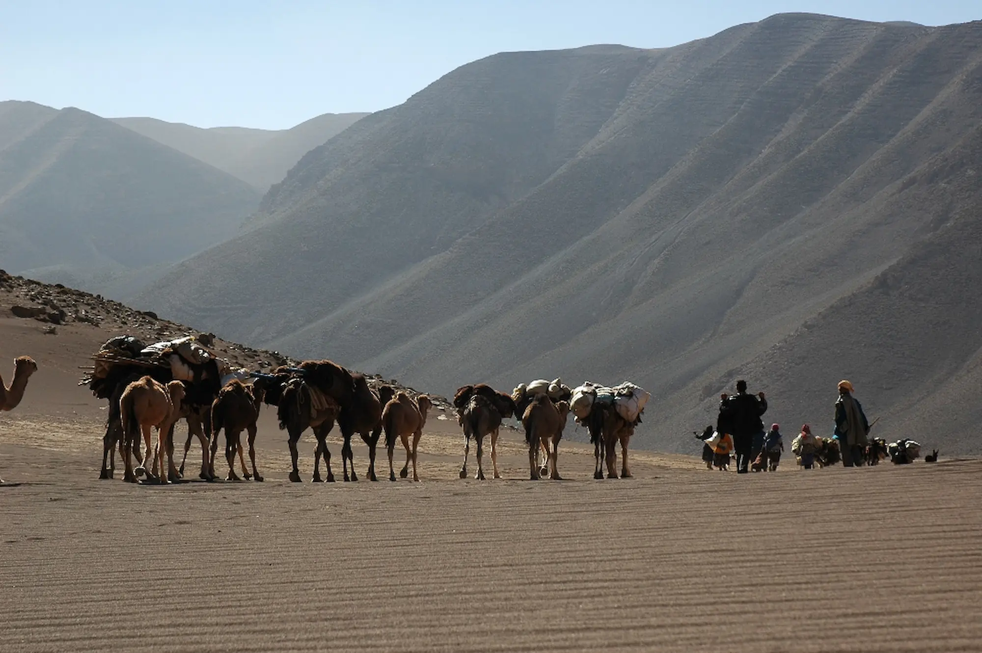 Caravane de dromadaires chargés et famille amazighe Aït Atta traversant une vallée au pied du Haut Atlas pendant la transhumance