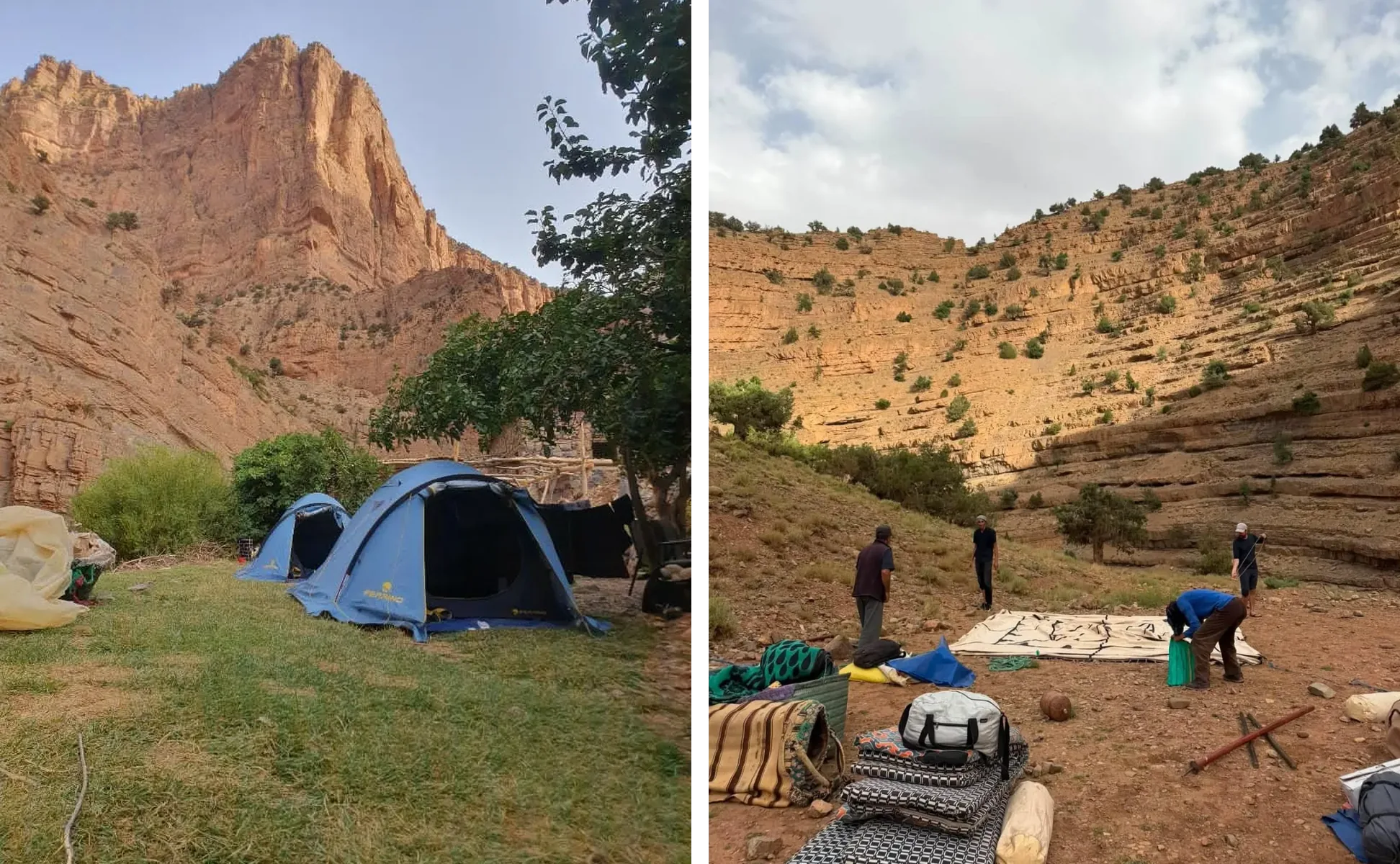 Bivouac tents below the cliffs and the team setting up camp on a family trek to the M’Goun