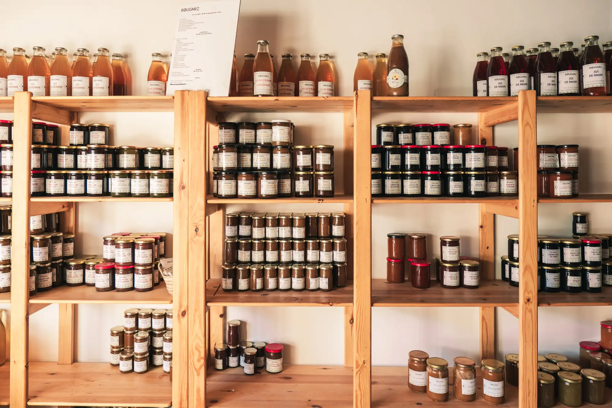 Shelves of Terre de l’Atlas jams, juices and jars at the Zawyat Oulmzi cooperative