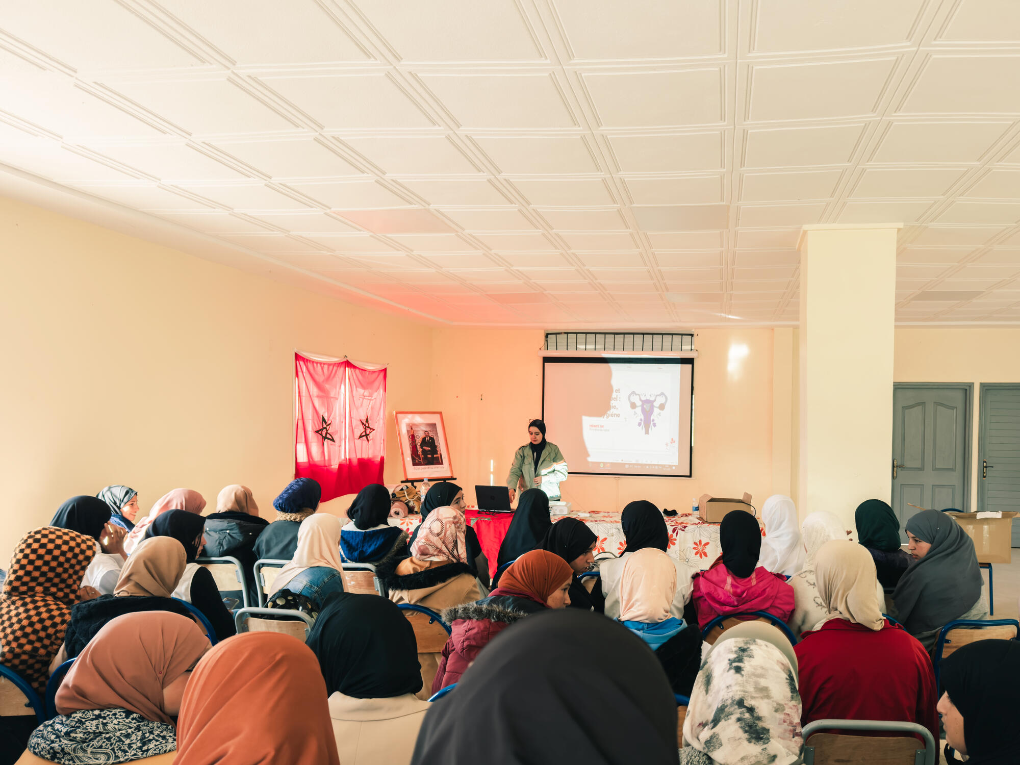 Women from the Aït Bougmez valley gathered for an information session in a community hall