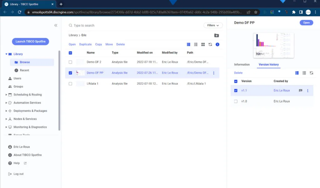 TIBCO Spotfire Library—version history panel displaying analysis file versions for pruning and governance.