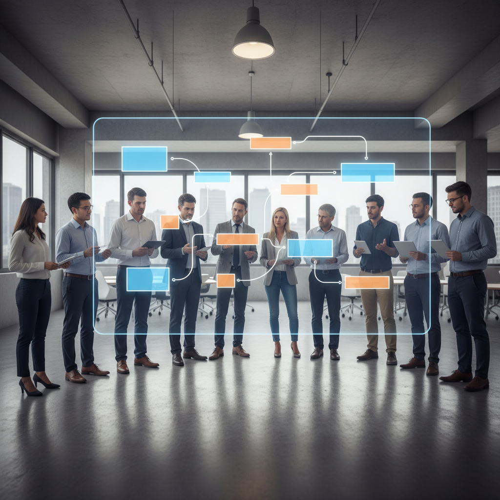 Group of data and IT professionals discussing an abstract data pipeline diagram that represents a data quality framework for Spotfire.