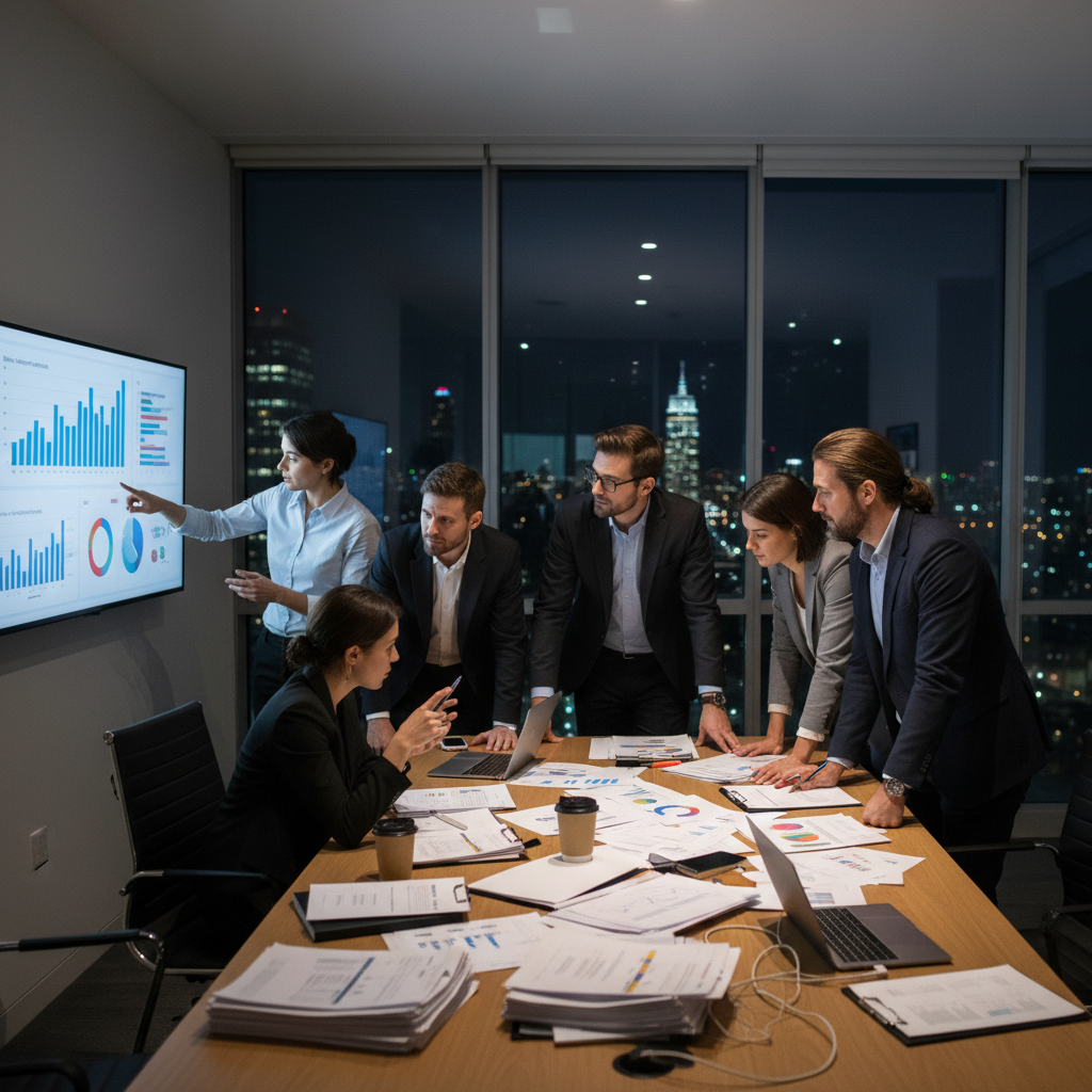 Finance and operations team in a meeting room reviewing dashboards and reports during month-end close, illustrating need for a data quality framework in Spotfire.