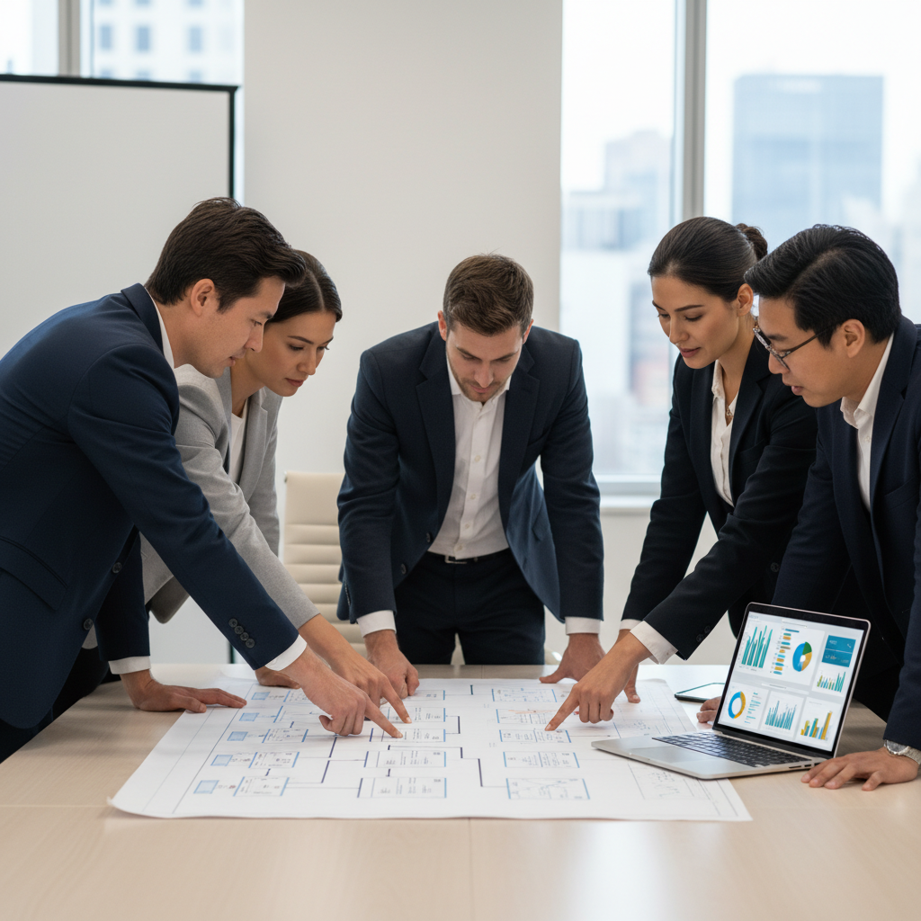 Business stakeholders and analysts collaborating around a process map and laptop dashboards to implement a data quality framework for Spotfire.