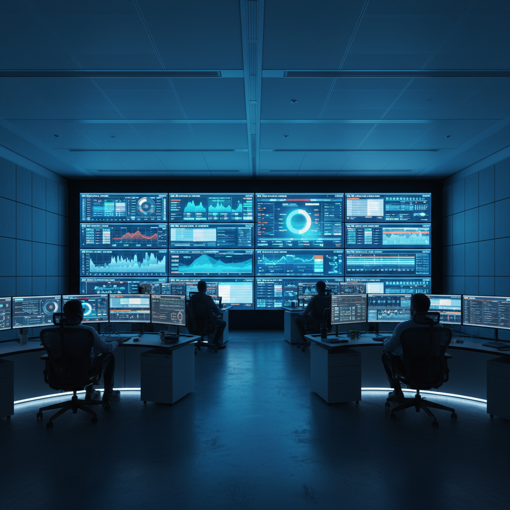 Modern operations control room with large wall-mounted dashboards representing trusted analytics built on a strong data quality framework in Spotfire.
