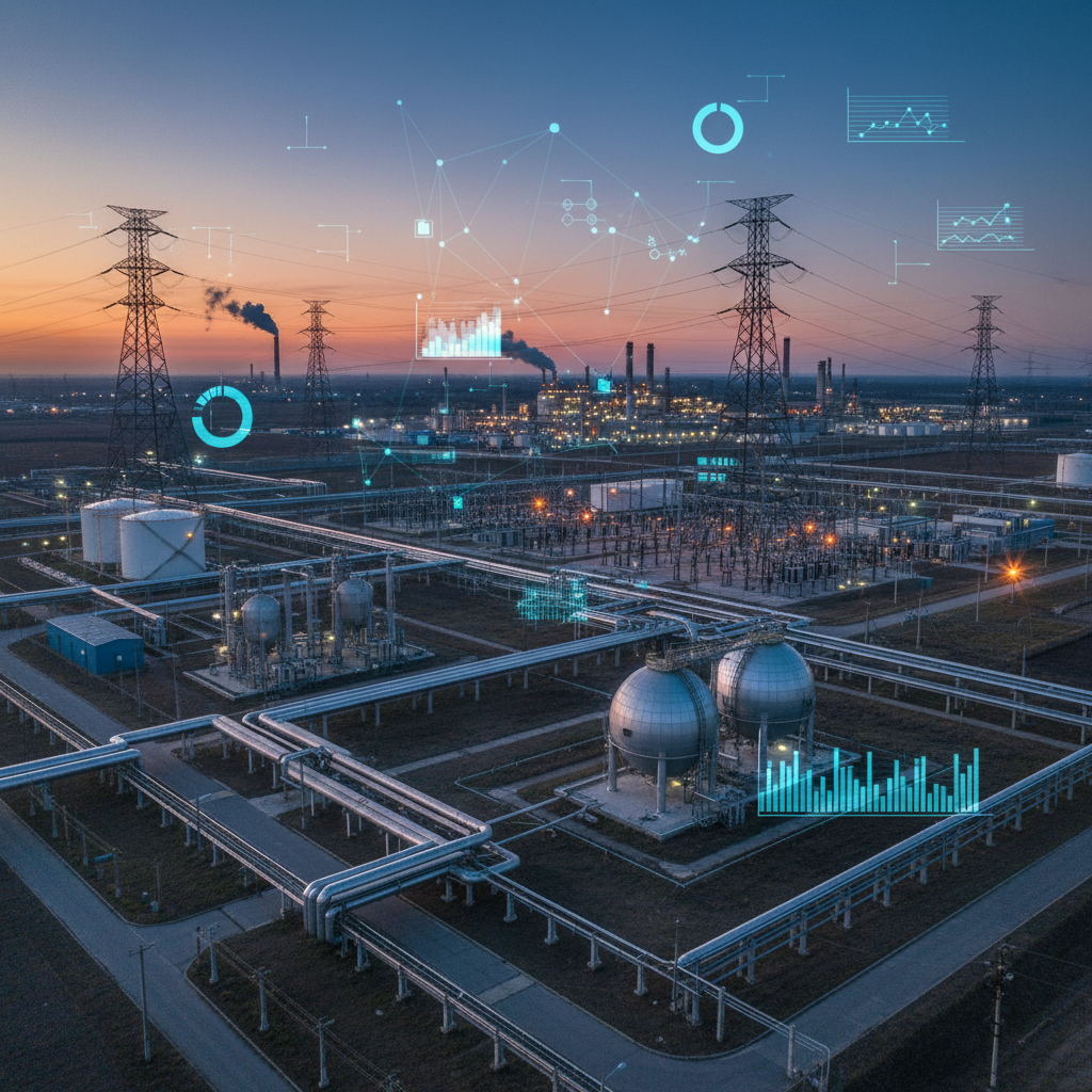 Industrial facility with subtle data overlays suggesting connected systems and data virtualization.