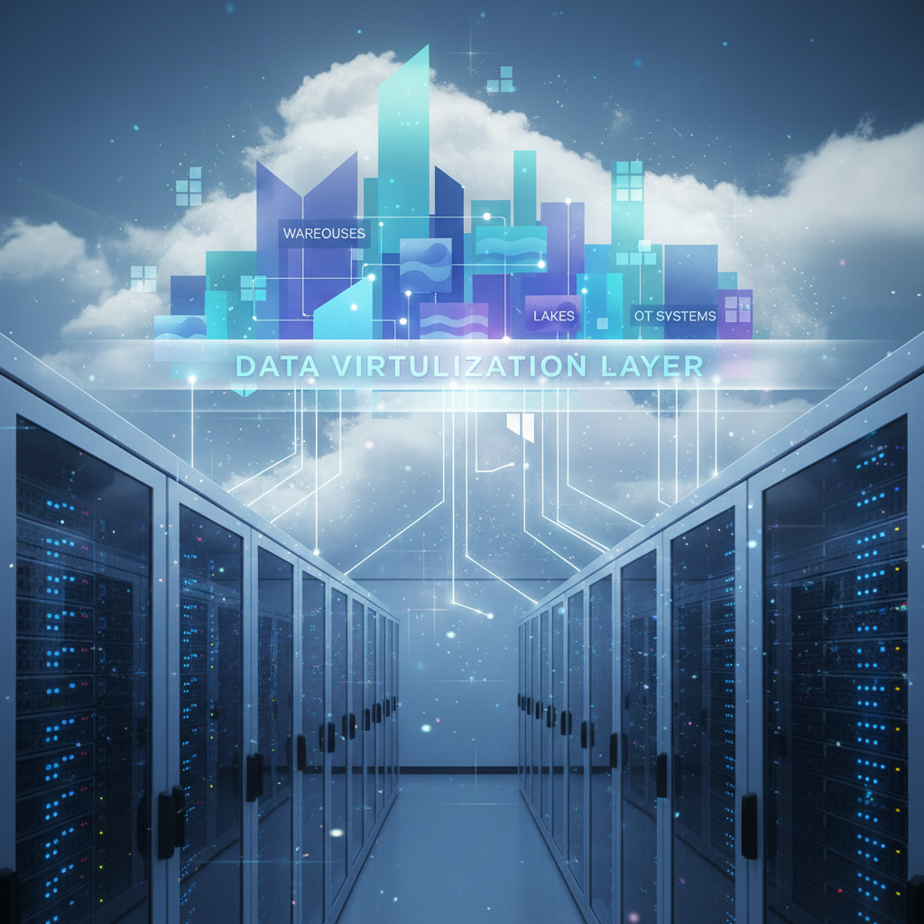 Conceptual layered architecture showing servers and cloud with a unifying data virtualization layer.