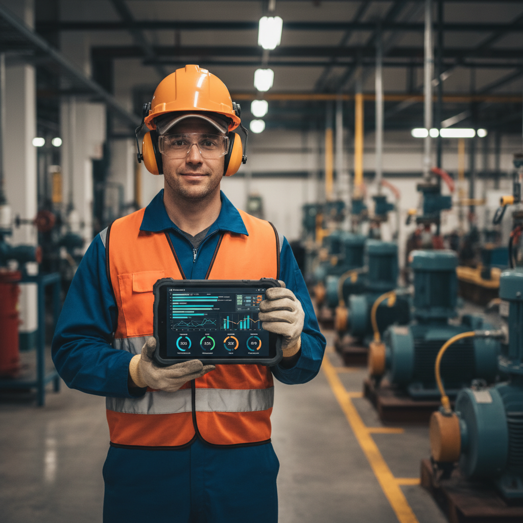 Reliability engineer in an industrial plant reviewing asset data on a tablet fed by virtualized sources.