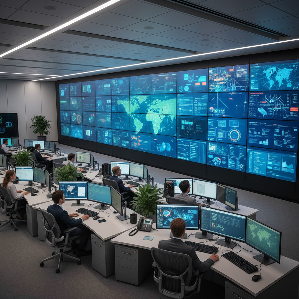 Operations control room with analysts viewing unified dashboards that represent a logical data layer.