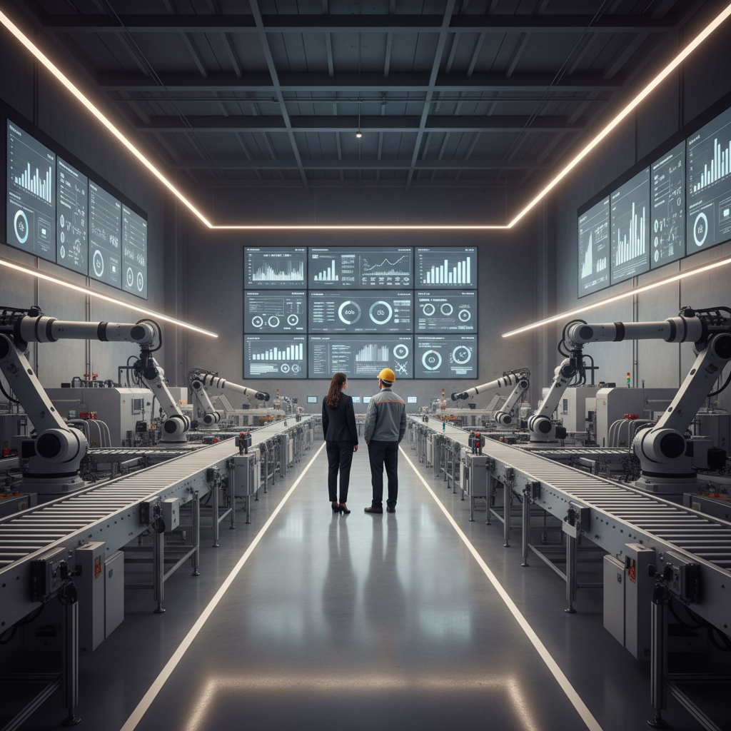 CFO and operations leader reviewing manufacturing analytics dashboard on a modern plant floor