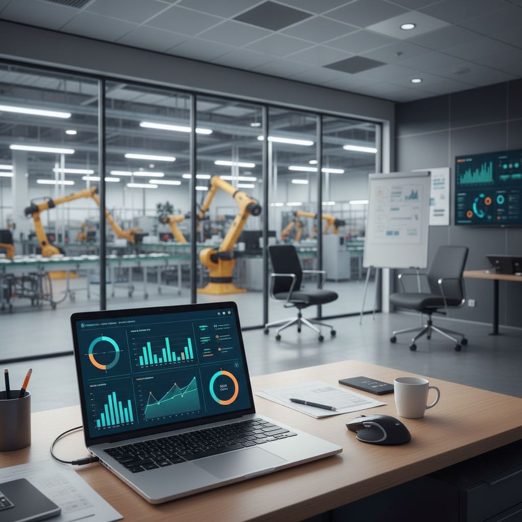 Laptop displaying manufacturing analytics and OEE charts overlooking a production line
