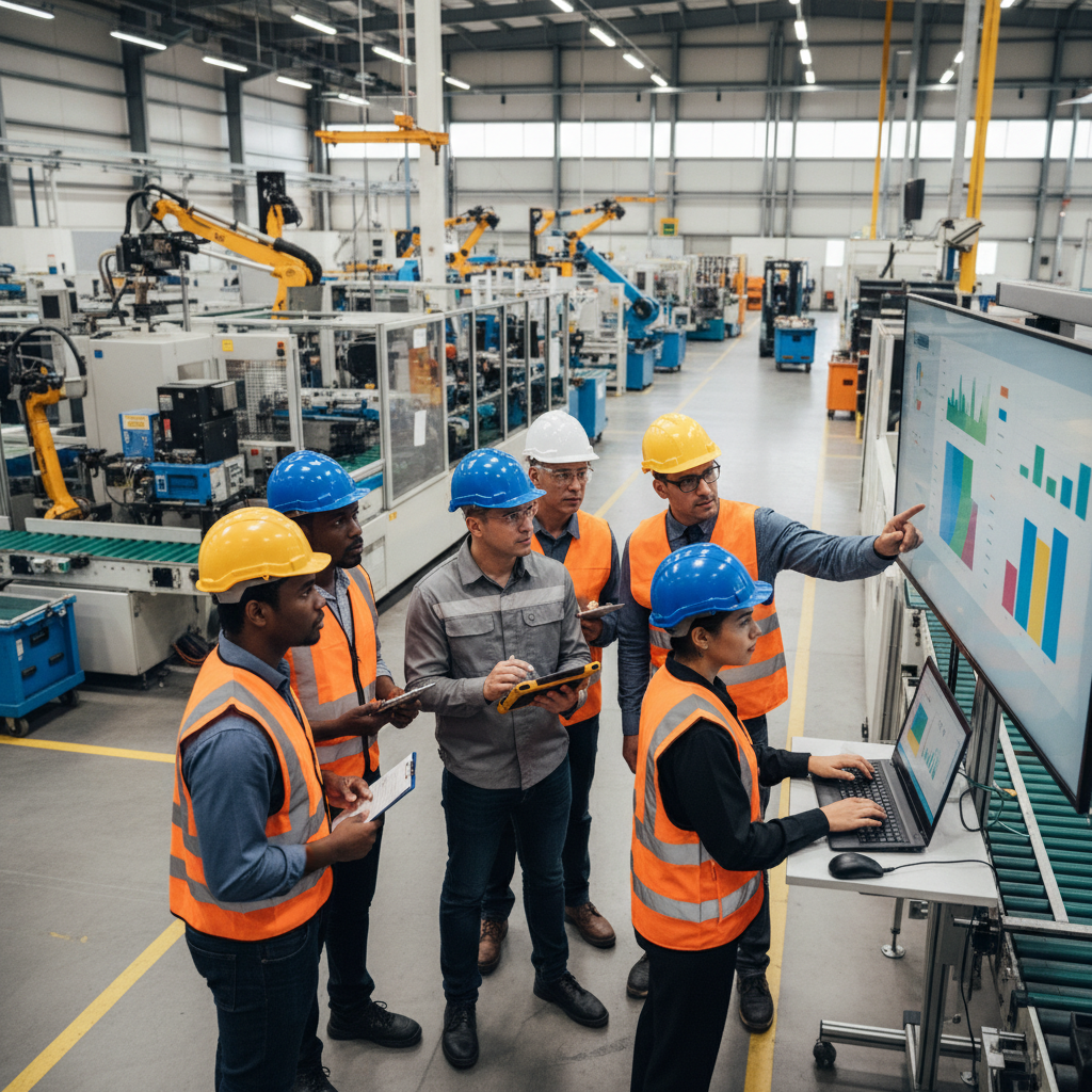 Manufacturing team on the factory floor reviewing production KPIs on a tablet and wall display