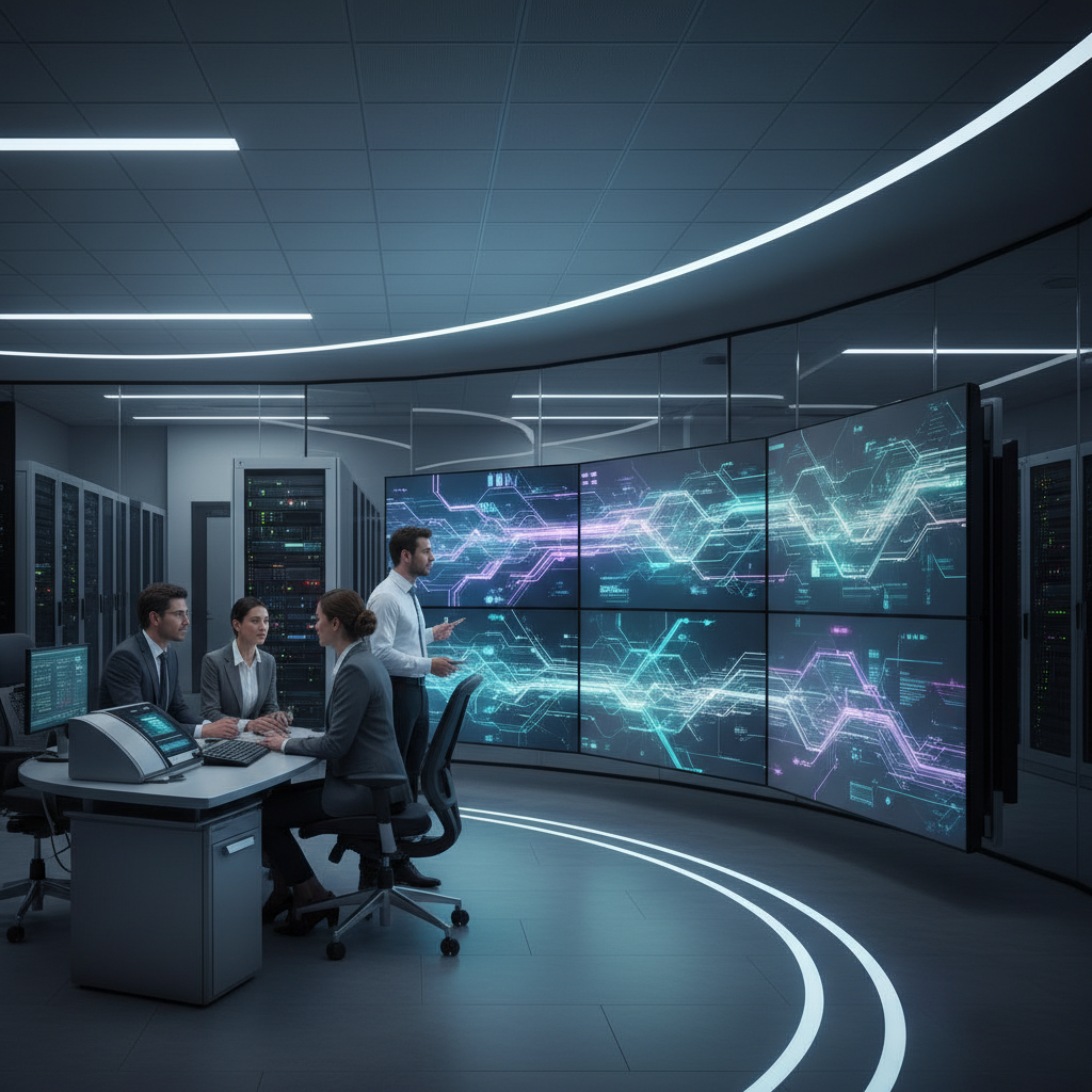 Operations team in a control room viewing integrated data flows on large screens