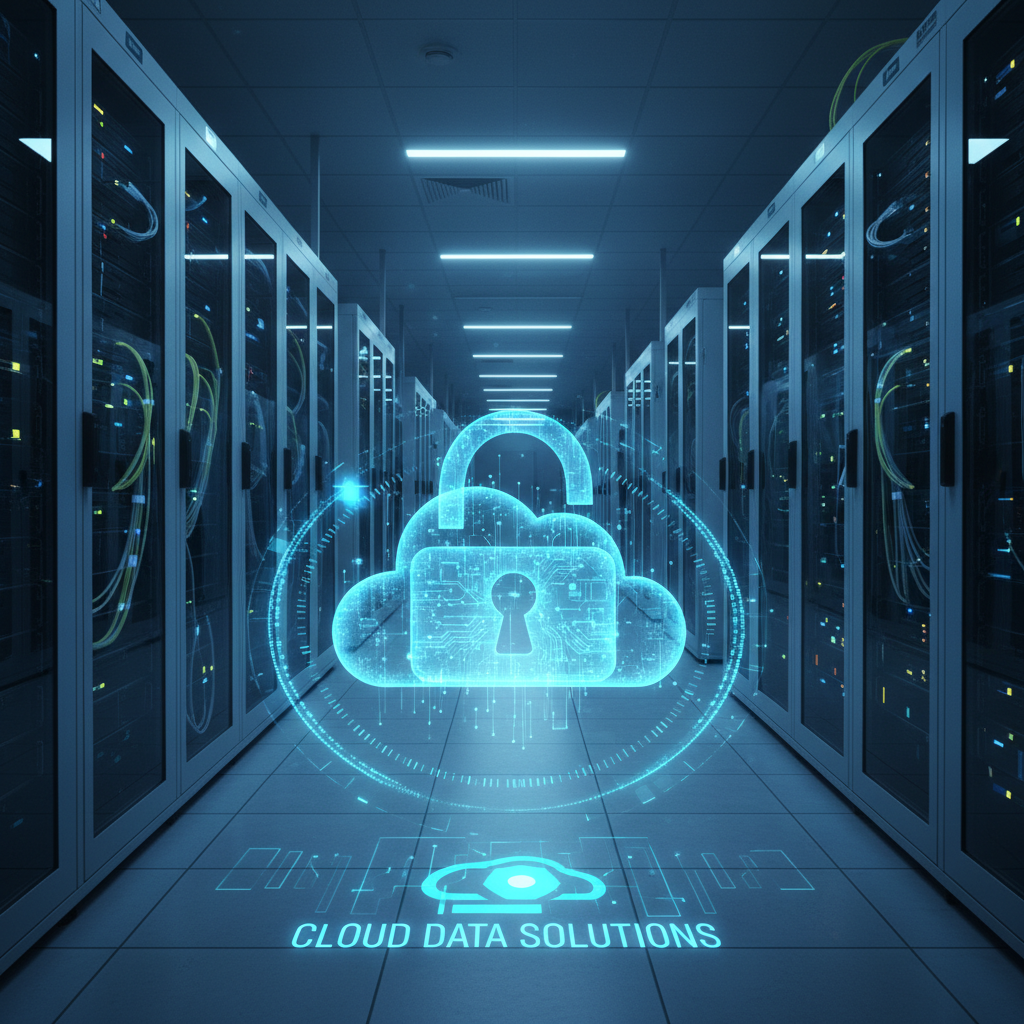 Secure cloud data solutions concept with servers and a glowing cloud and padlock