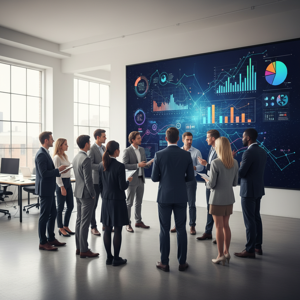 Business team reviewing a large digital dashboard powered by modern data solutions