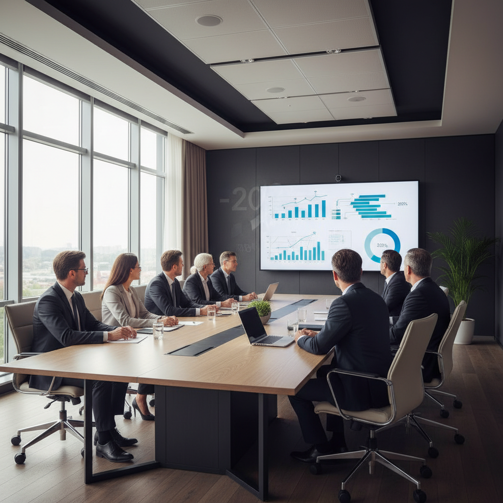 Business leaders reviewing data analytics dashboards to guide digital transformation strategy