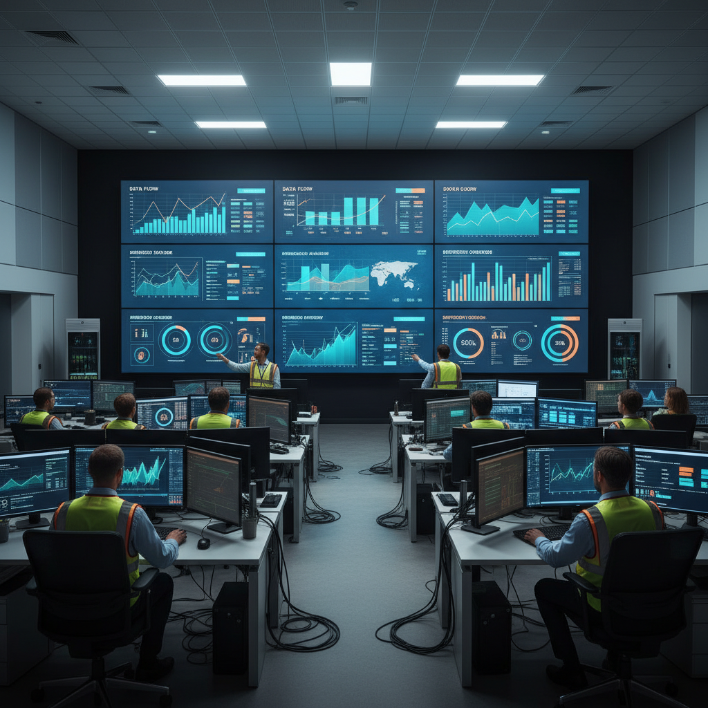 Operations team monitoring industrial data analytics dashboards in a control room