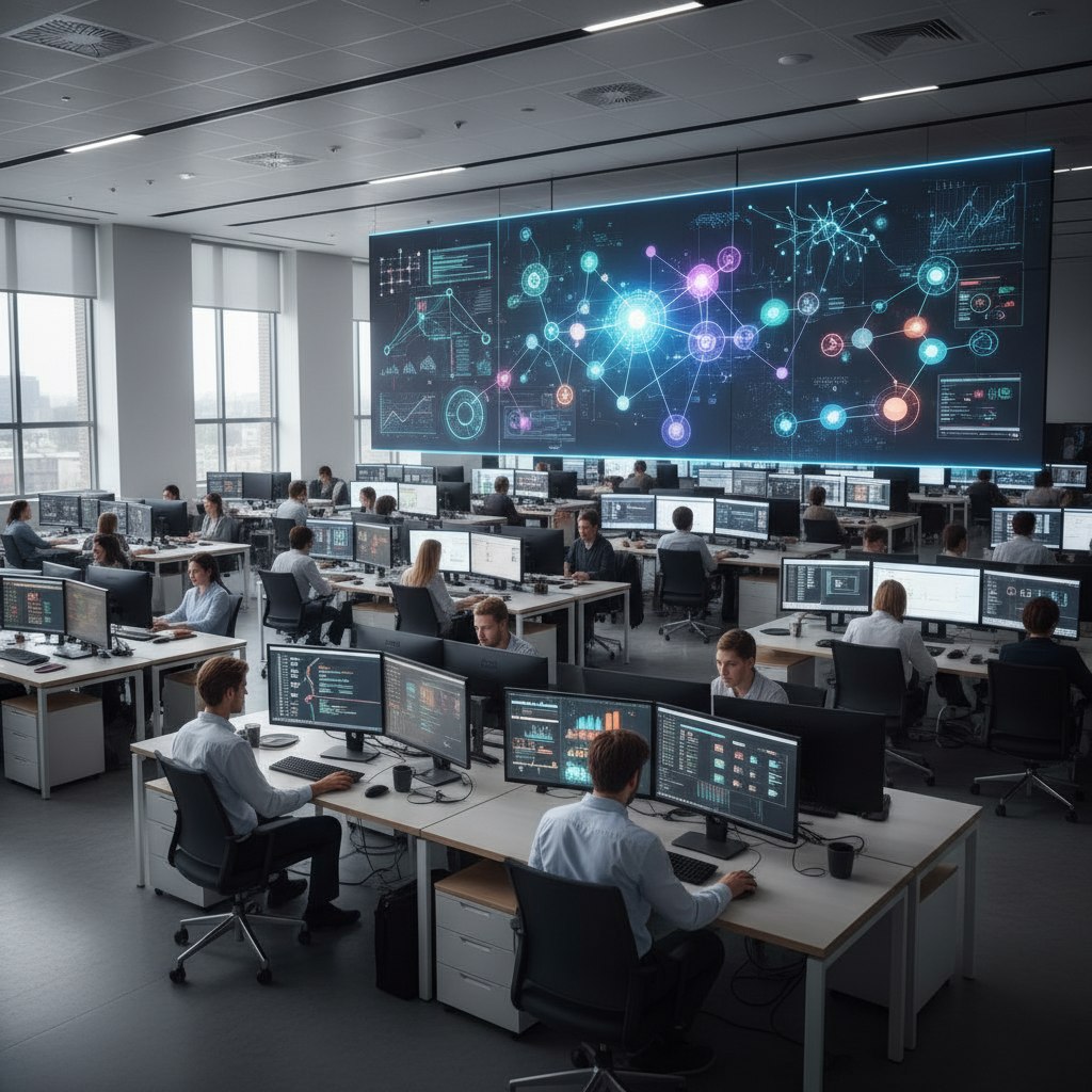 Data analytics team collaborating in front of AI and analytics visualizations