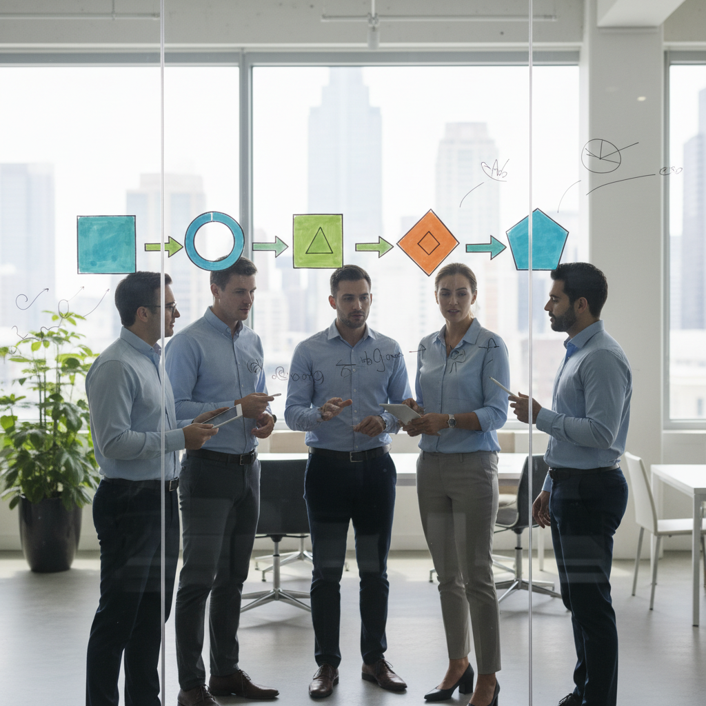 Business team mapping a multi-step data analytics and digital transformation roadmap