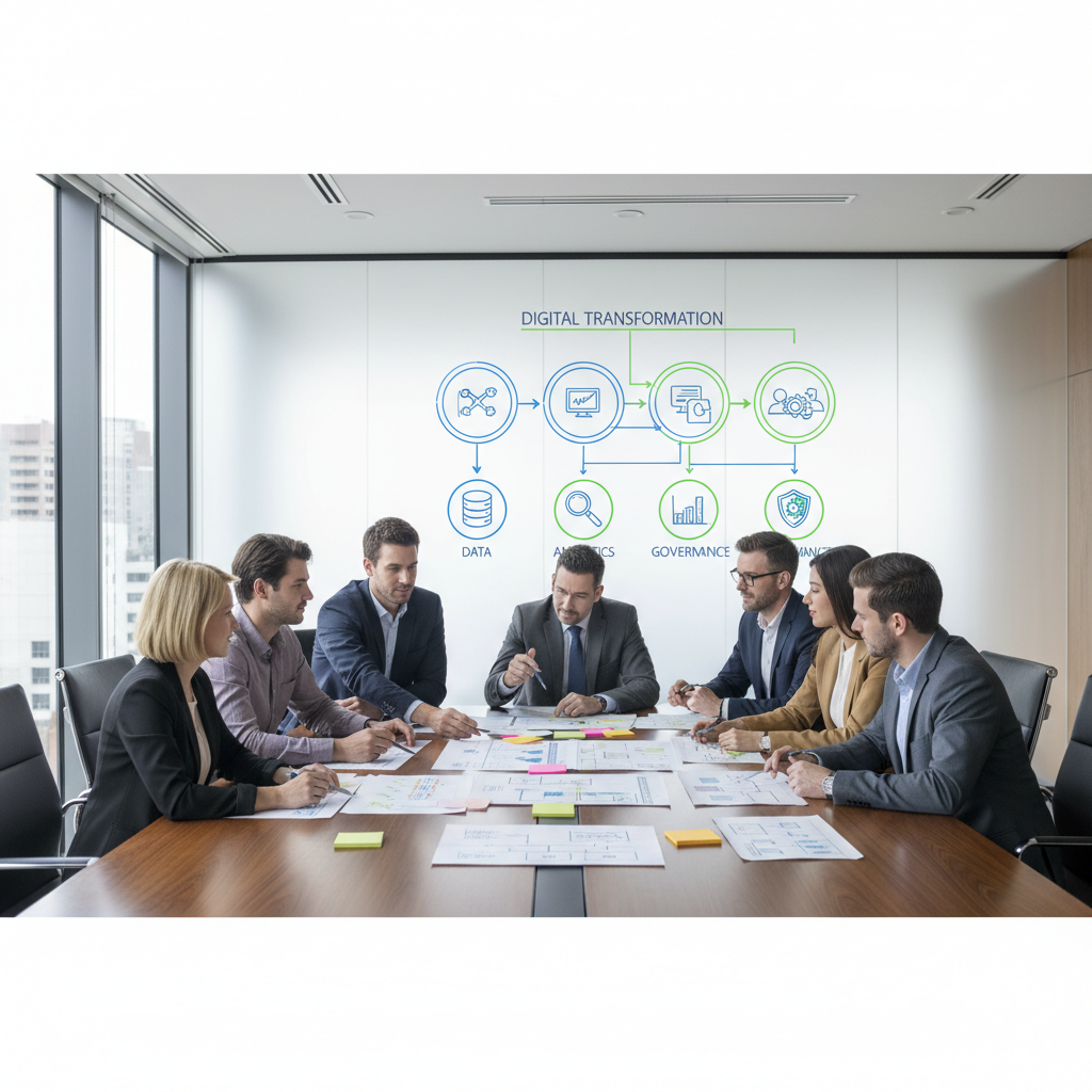 Cross-functional team in a workshop reviewing a six-step digital transformation framework diagram