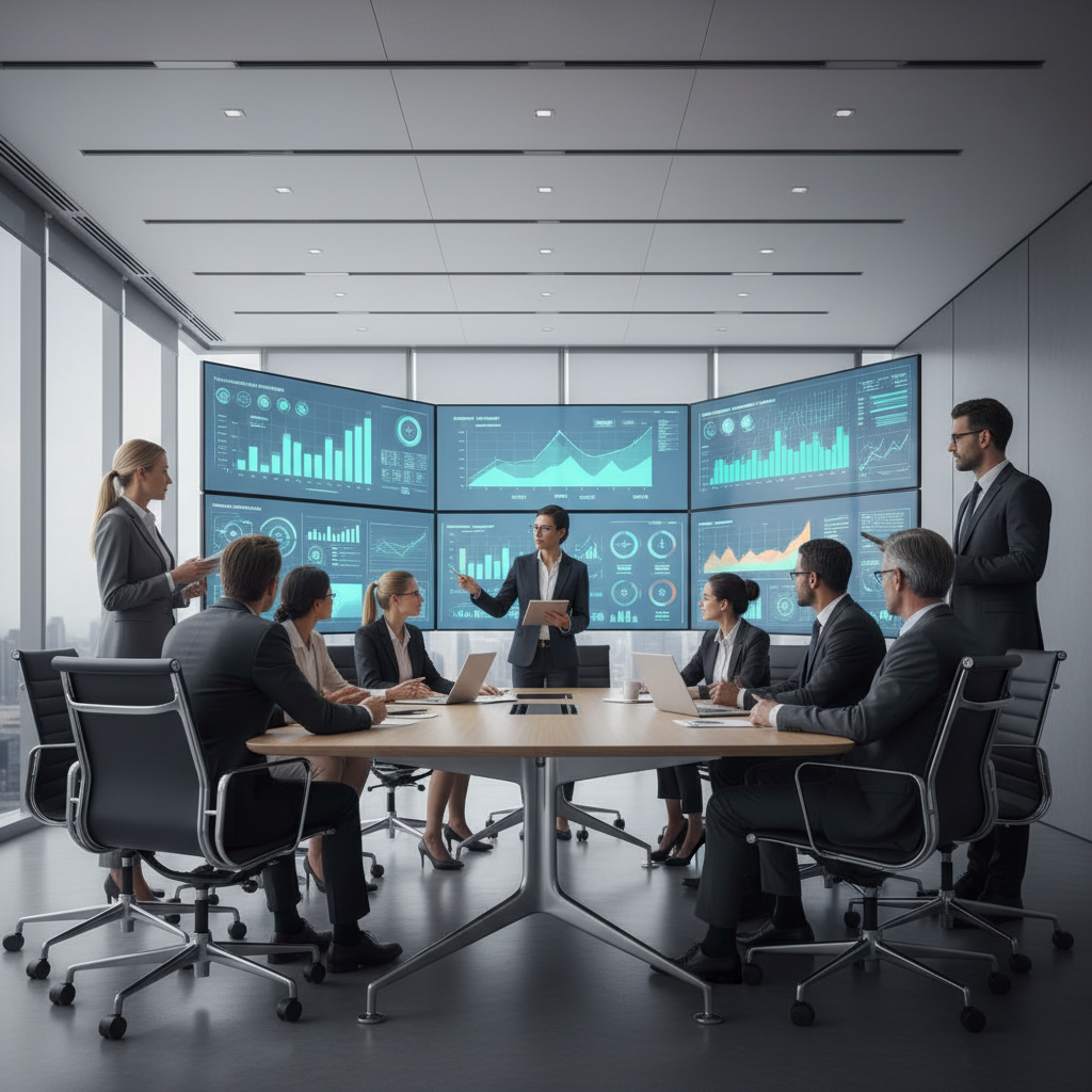 Business leaders in a modern boardroom reviewing digital dashboards as part of a digital transformation framework