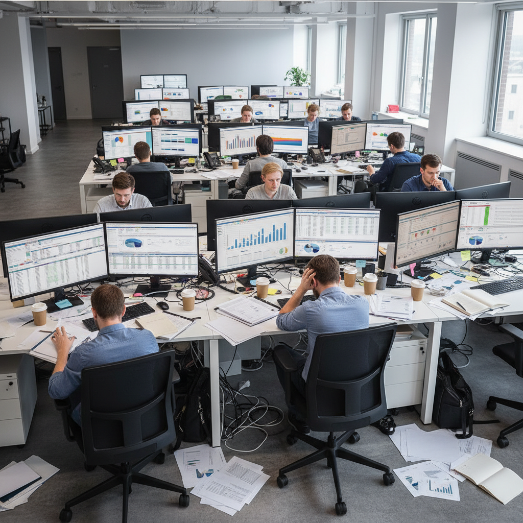 Open-plan office with analysts working at multiple monitors and scattered paperwork showing fragmented data before a digital transformation framework