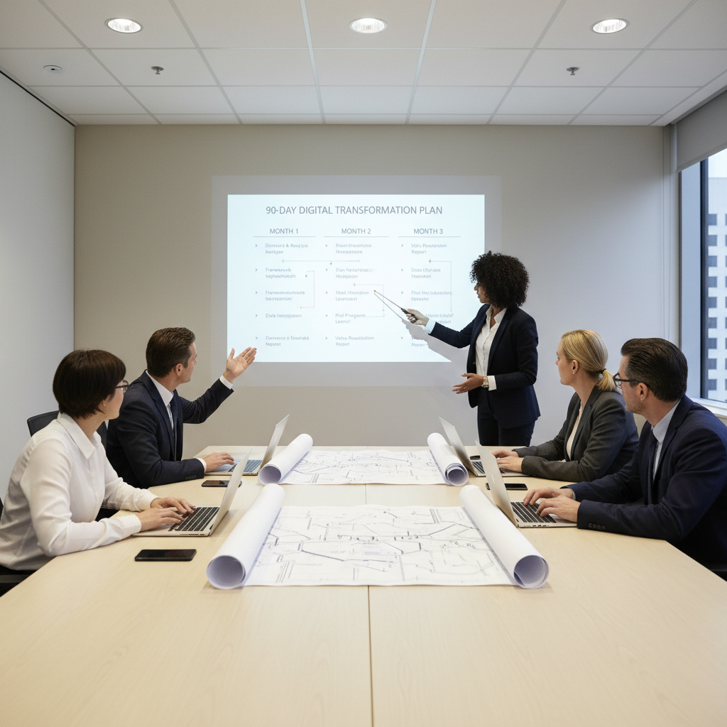 Small leadership and data team in a workshop planning a 90-day digital transformation framework roadmap