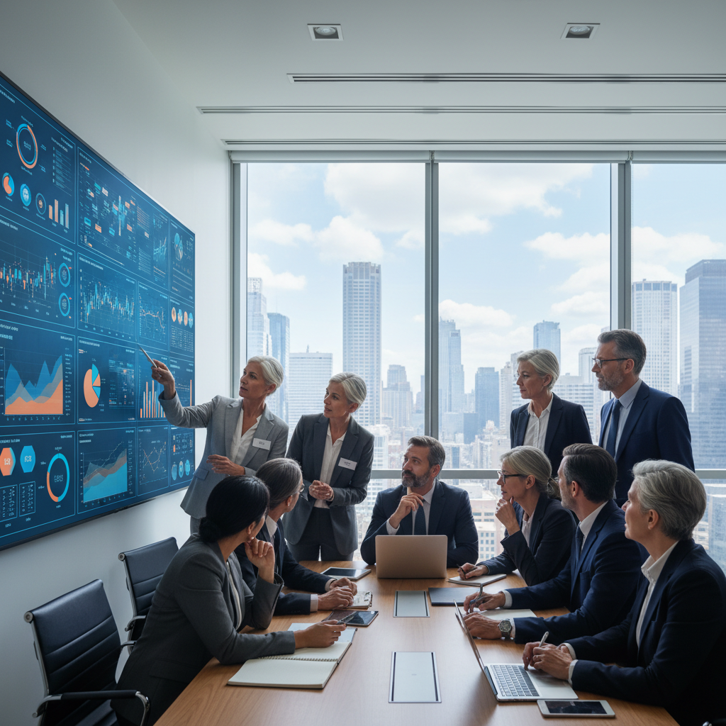 CFO and COO reviewing an operational dashboard design in a modern boardroom