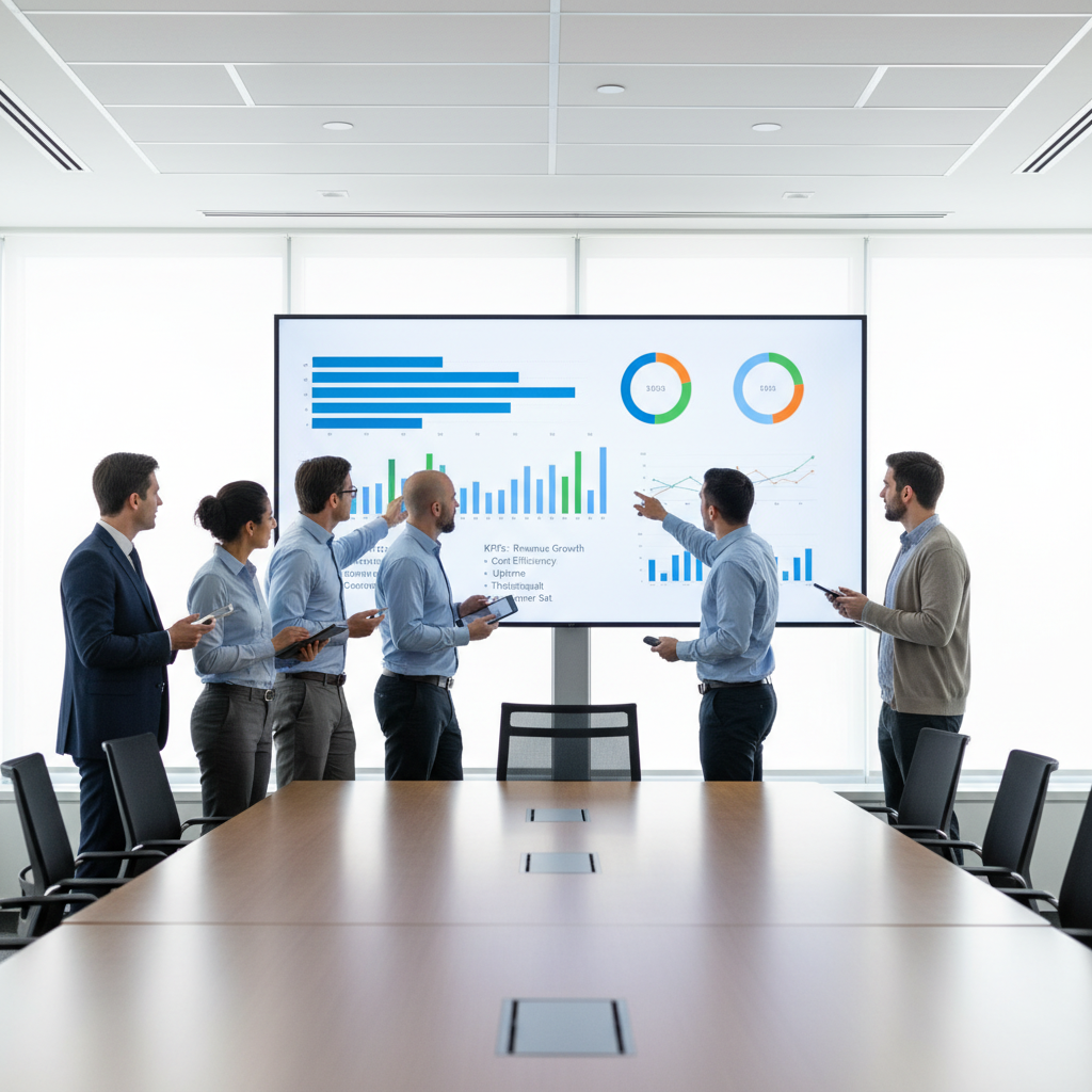 Cross-functional team aligning KPIs for operational dashboard design in a conference room