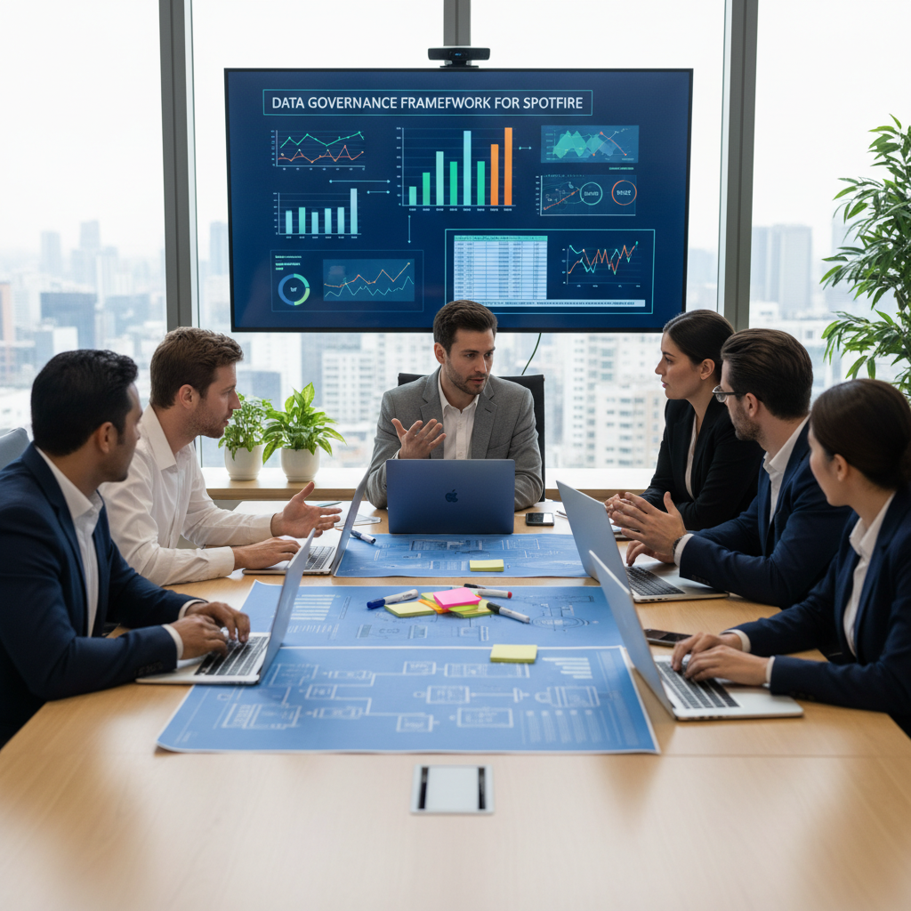 Cross-functional team of engineers, analysts, and an operations manager collaborating around KPI dashboards and diagrams.