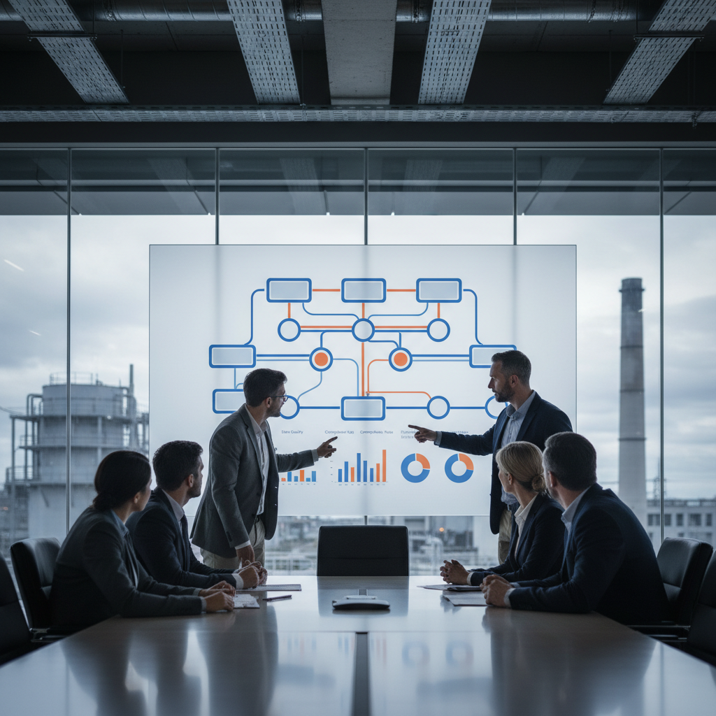Team in a meeting room reviewing a data governance framework diagram and KPI charts on a large screen.