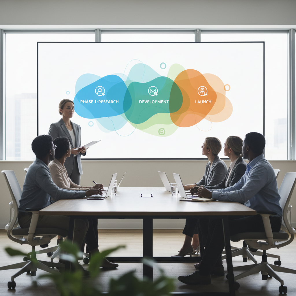 Project leader presenting a 90-day roadmap timeline on a large digital display to colleagues.