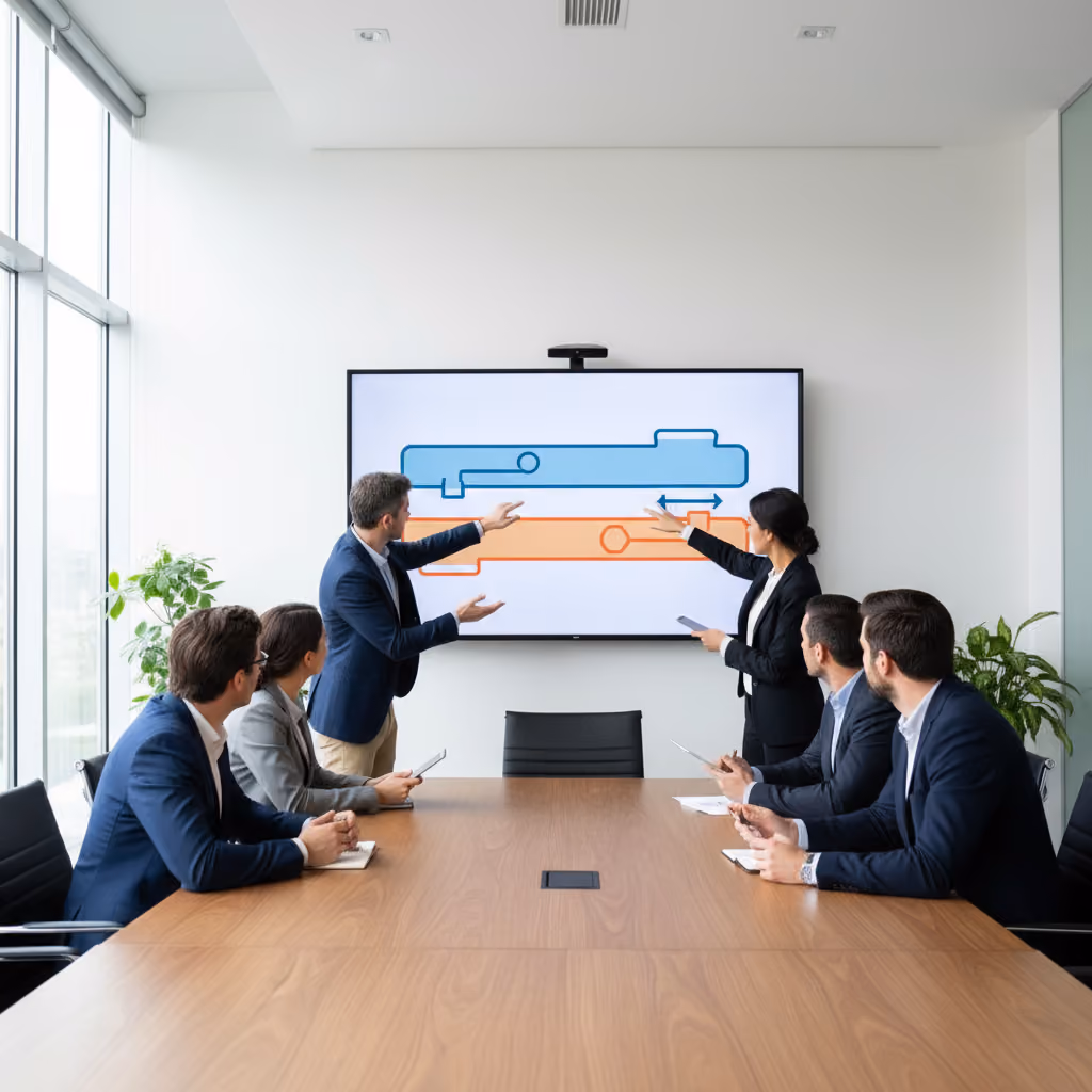 Business team in a meeting room reviewing a two lane analytics governance diagram on a large screen