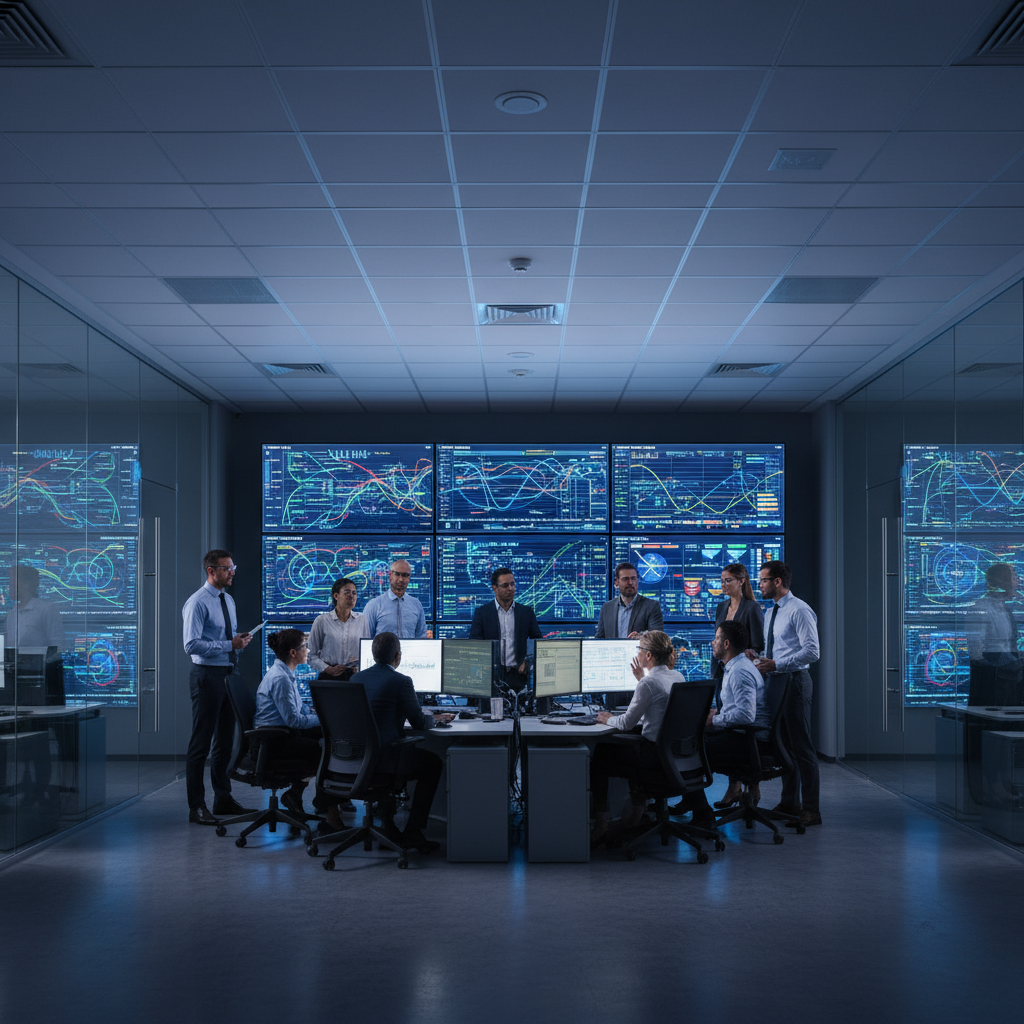 Engineers and analysts in a modern control room reviewing self service analytics dashboards on large screens