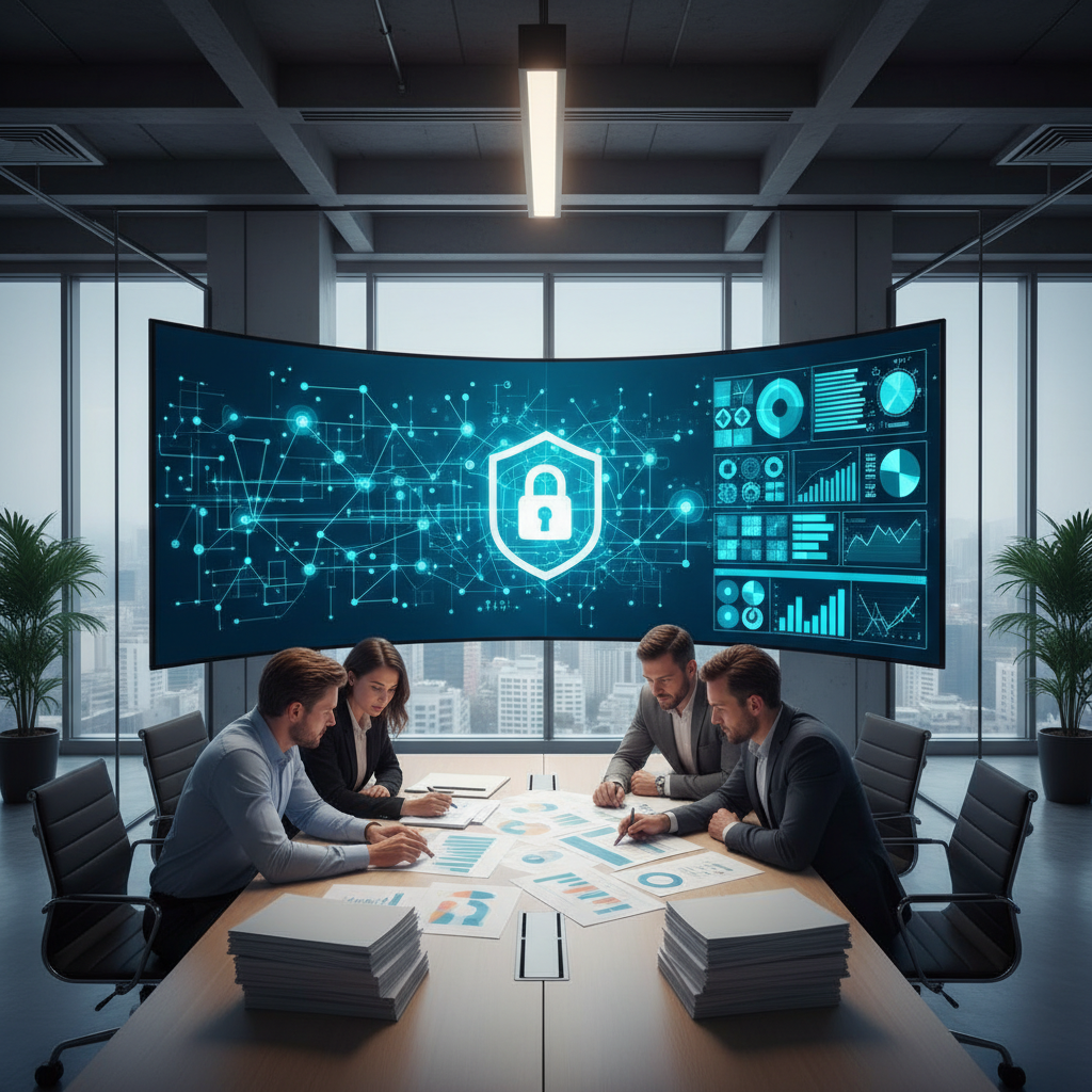 IT and data professionals reviewing governed self service analytics dashboards in a modern office