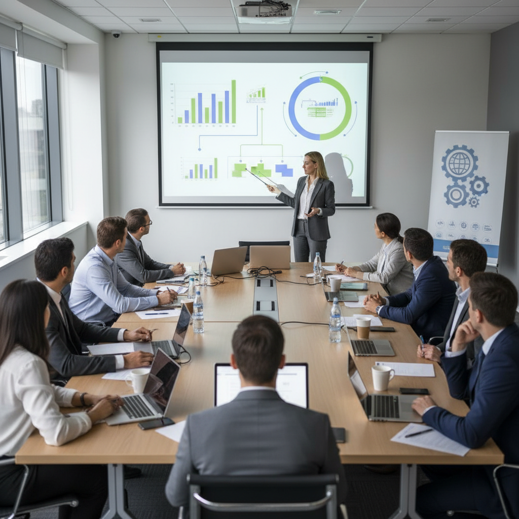 Facilitator leading a corporate workshop on self service analytics rollout in front of a large screen